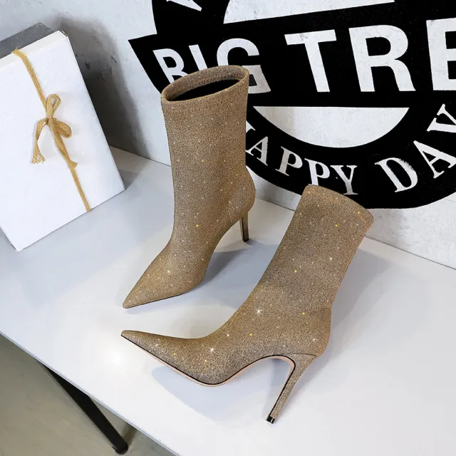 Shining Fabric Thin Skinnys Women's Stiletto High Heel Stretch Ankle Boots Khaki - Shop at LoveMi