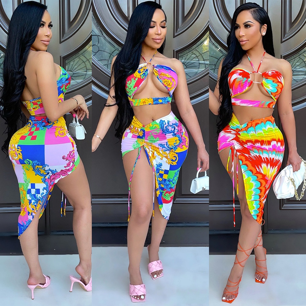 Two-piece Irregular Short Skirt with Wrapped Chest and Halter