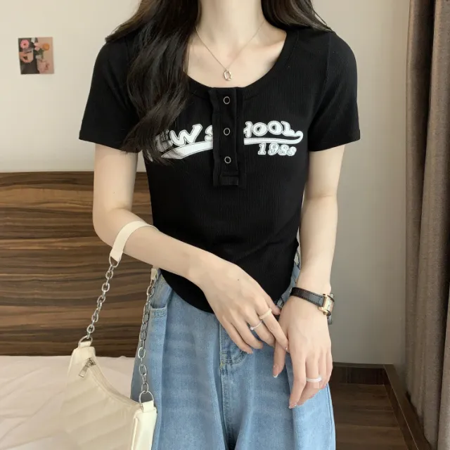 Design Sense Letter Printed Short Sleeve T shirt Black - Shop at LoveMi