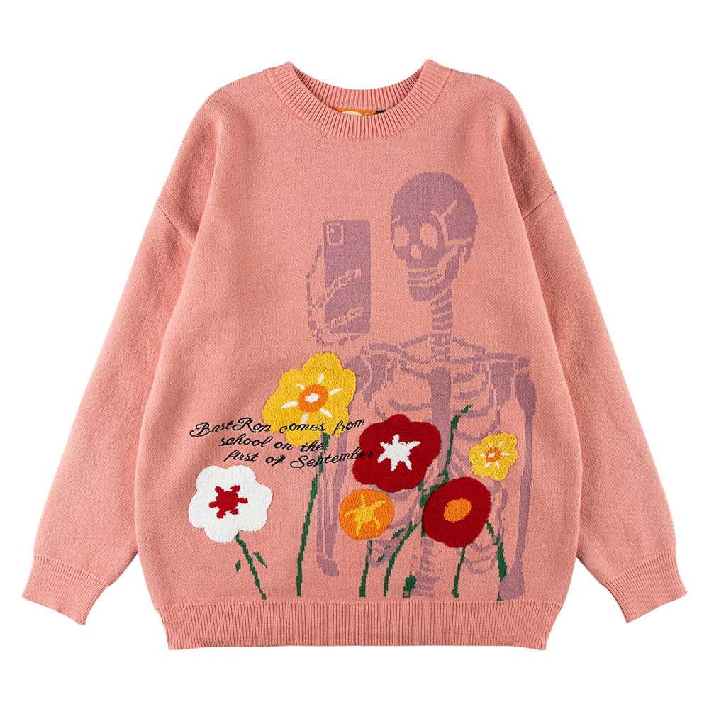 Funny Skull Crew Neck Sweater Embroidery
