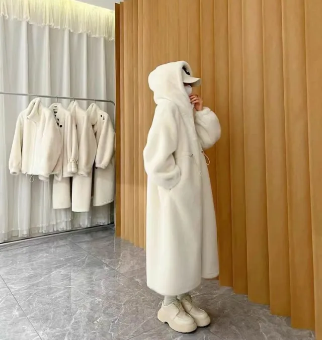 Leather Coat Overcoat Women's Long Thick Hooded Loose Young Mink like Wool Beige - Shop at LoveMi