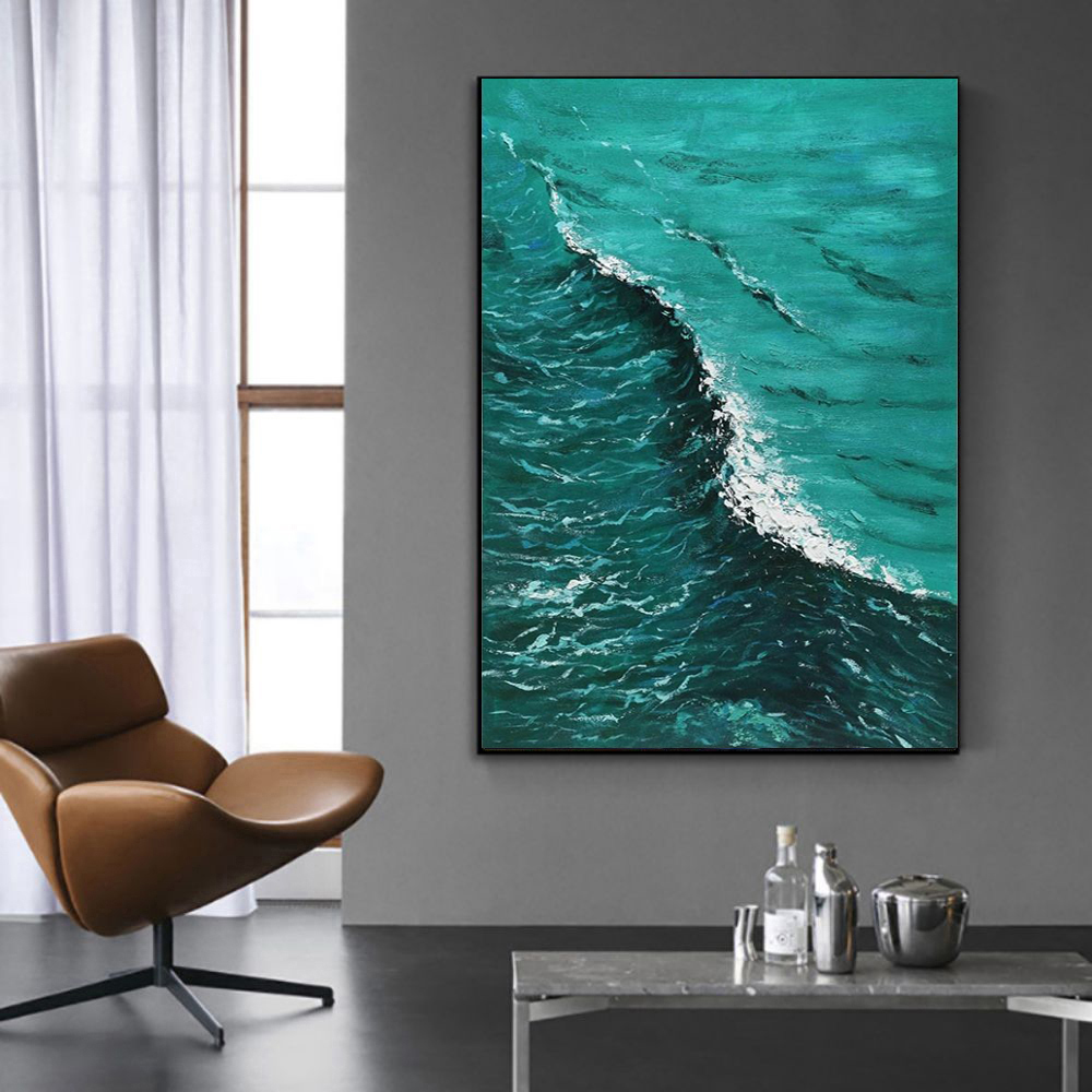 Hand Painted Modern Abstract Texture Deep Blue Sea Wave Landscape Oil Painting On Canvas Wall Art For Room Home Decoration