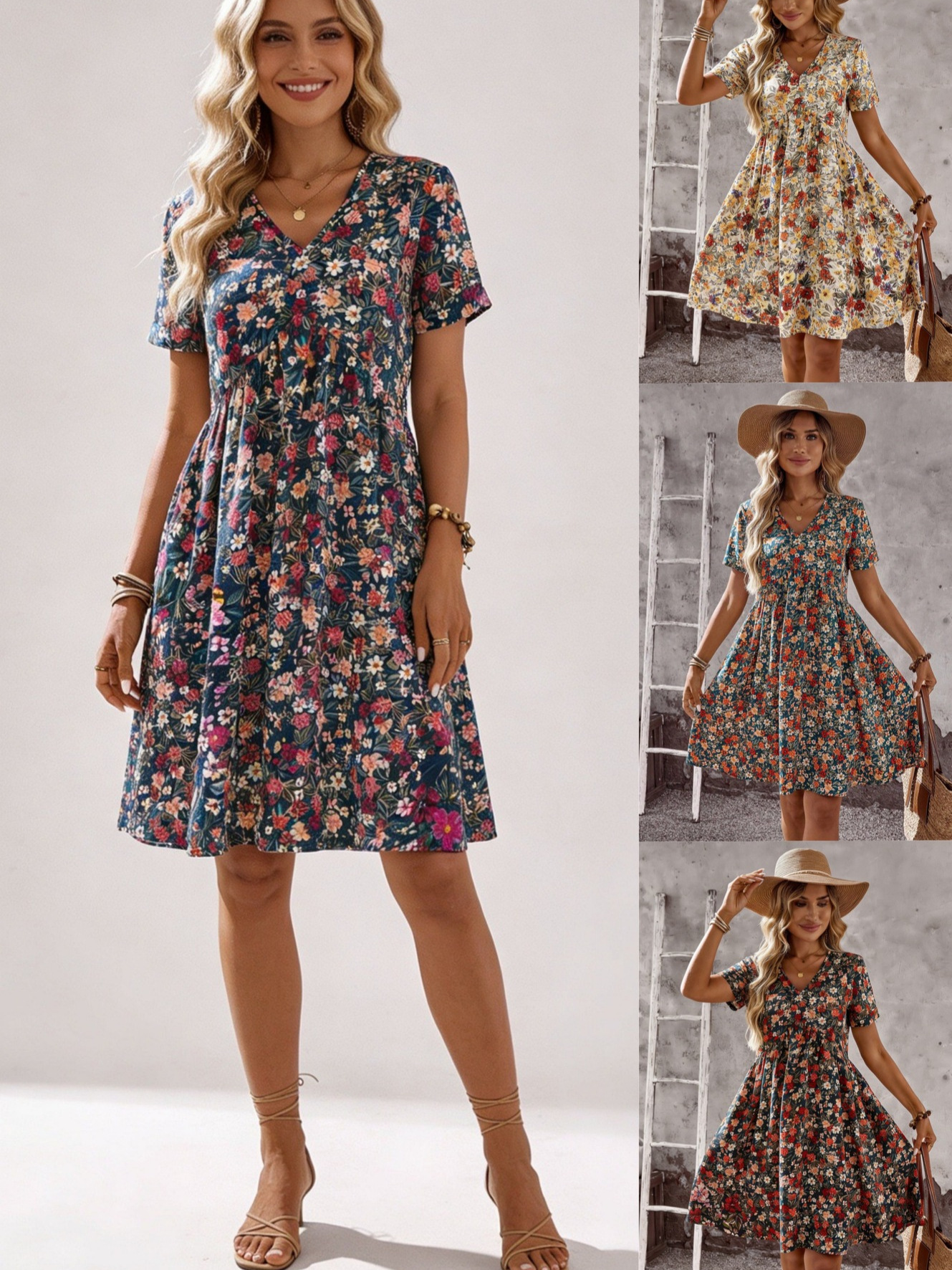 Women's V-Neck Short Sleeve Floral Print Ruffled Hem Mini Dress - Casual Boho Flared Swing Dress, Summer Dress For Women