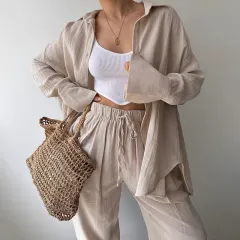 Women's Solid Colour Lapel Collar Long Sleeve Shirt & High-Waist Pants Set - Casual Loose Fit Spring&Summer Outfit - Khaki - View 1