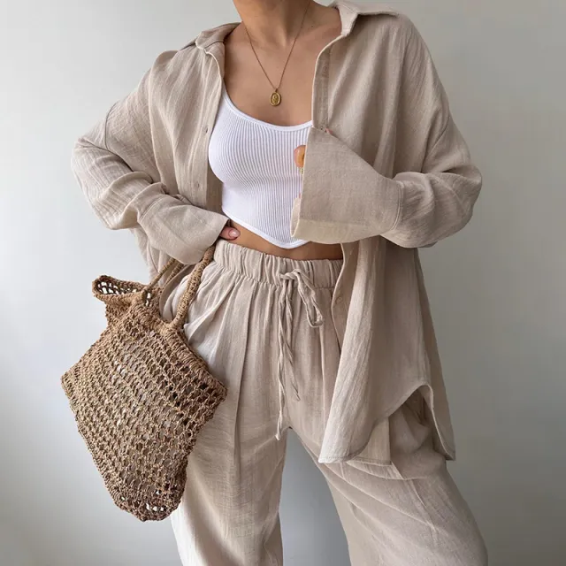Women's Solid Color Lapel Collar Long Sleeve Shirt & High Waist Pants Set Casual Loose Fit Spring&Summer Outfit Khaki - Shop at LoveMi