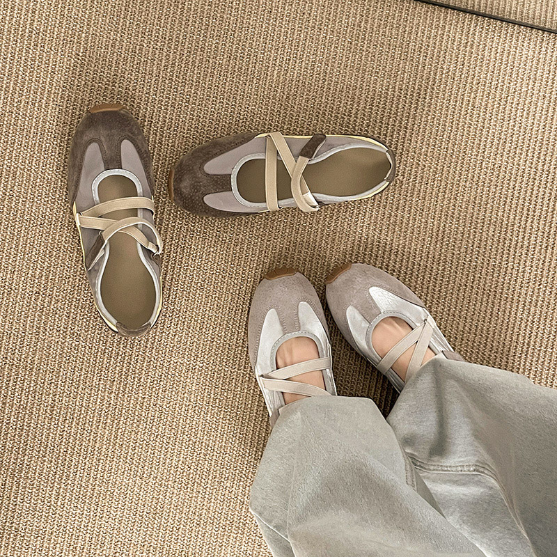 Women Vintage Retro Mixed Suede Metallic Silver Patchwork Ballet Flats