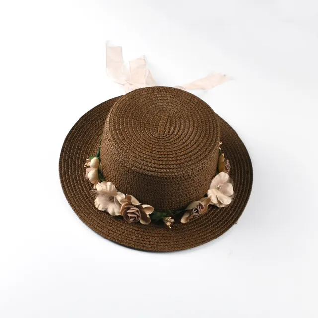 Spring And Summer New Style Flat Top Wreath Ladies Short Brim Hat Coffee - Shop at LoveMi