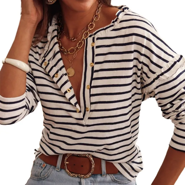 Women's Striped Top Long sleeve Button White - Shop at LoveMi