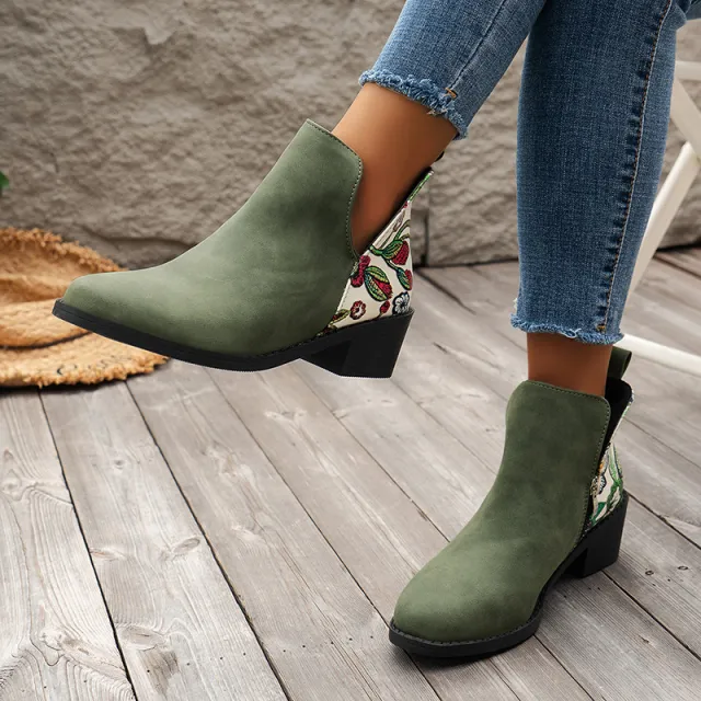 Flowers Printed Ankle Boots Fashion Side Zipper V cut Square Heel Shoes For Autumn Winter Pionted Toe Boot Women Green - Shop at LoveMi