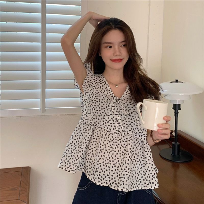 Sleeveless Ruffled Floral Shirt Niche Collar