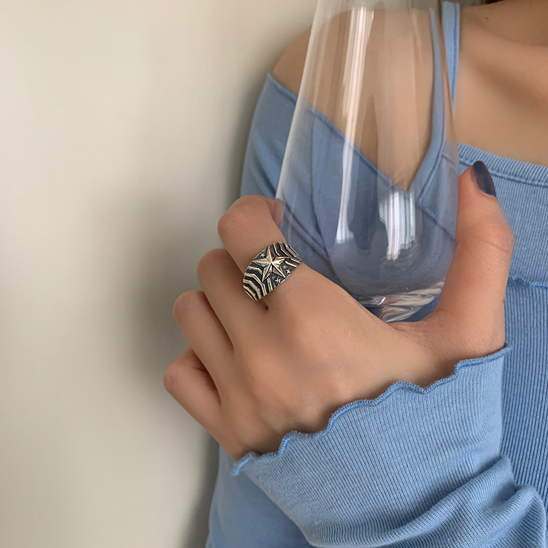 S925 Sterling Silver Vintage Distressed Pentagram Ring