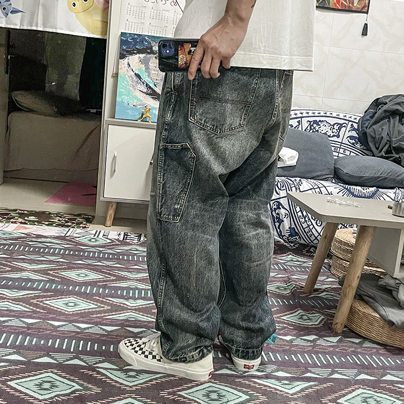 Retro Loose Straight Hip Hop Low Crotch Washed Distressed Casual Cropped Jeans
