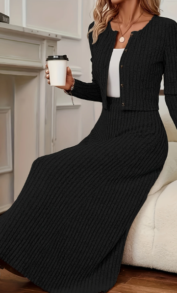 Oriented Fashion Elegant Autumn Winter New Long Sleeve Flared Skirt Button Up Round Neck Cardigan Short Solid Color Goddess Soft Temperament Midi Dress Set Black - Shop at LoveMi