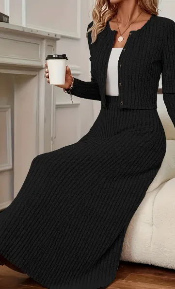 Oriented Fashion Elegant Autumn Winter New Long Sleeve Flared Skirt Button Up Round Neck Cardigan Short Solid Color Goddess Soft Temperament Midi D... Black - Shop at LoveMi