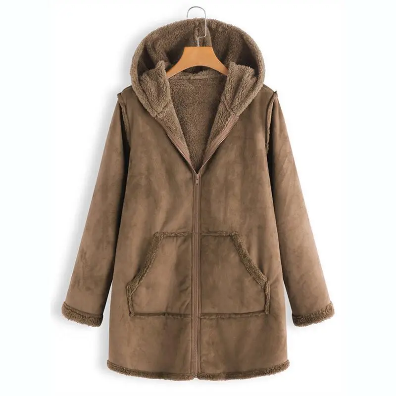 Winter Pocket Warm Plush Hooded Coat - Brown
