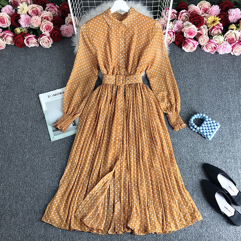 Women's POLO Collar Slim Fit Long Polka Dot Chiffon Pleated Skirt