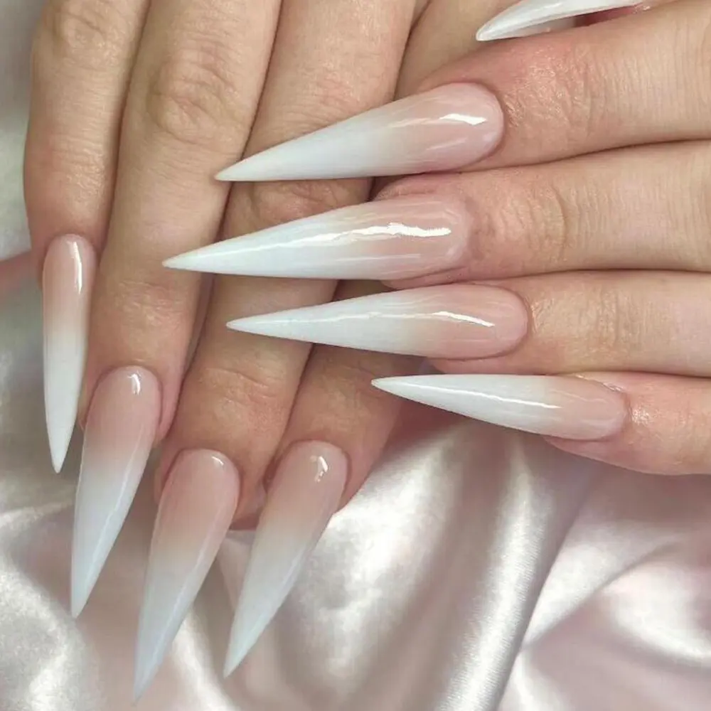 Of Long, Pointed, Press-on White Gradient Nail