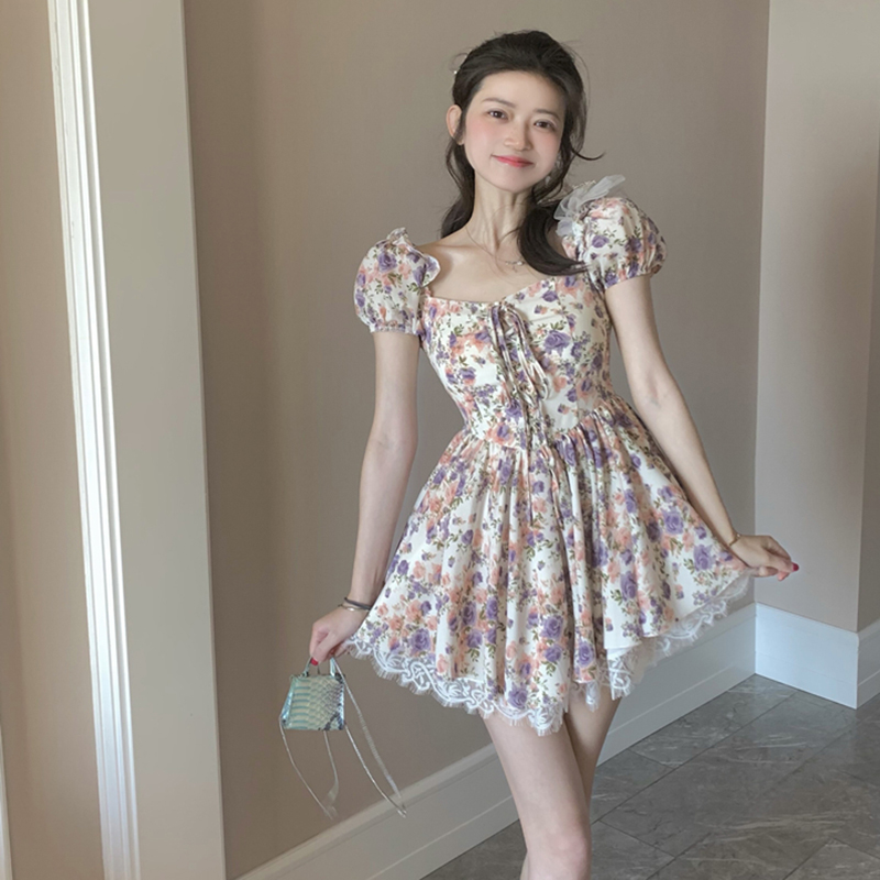 Women's French Puff Sleeve Lace Short Sleeve Dress