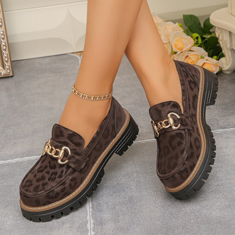 Women's Leopard Print Platform Loafers Metal Chain Decor Chunky Slip On Shoes