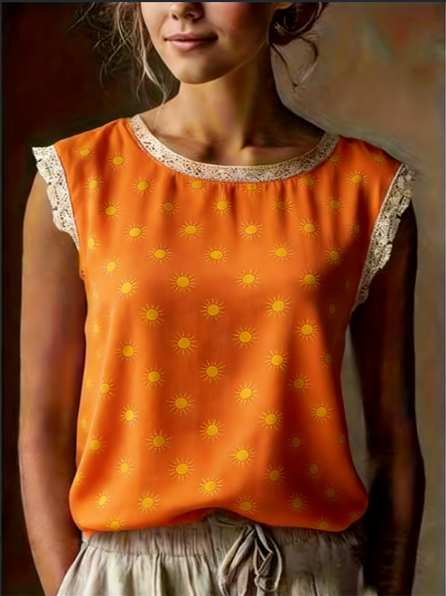 French Ditsy Floral Lace Flutter Sleeveless Blouse