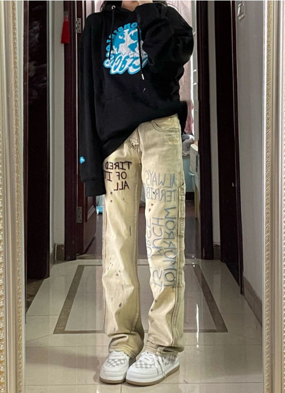 Design American Retro High Waist Straight Loose Wide Leg Jeans Khaki - Shop at LoveMi