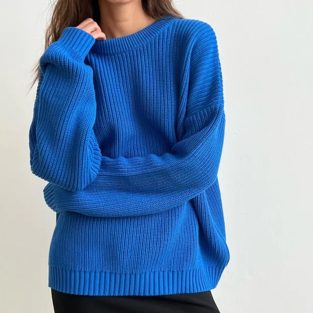 Women's Knitwear Round Neck Loose Solid Color Sweater Treasure Blue - Shop at LoveMi