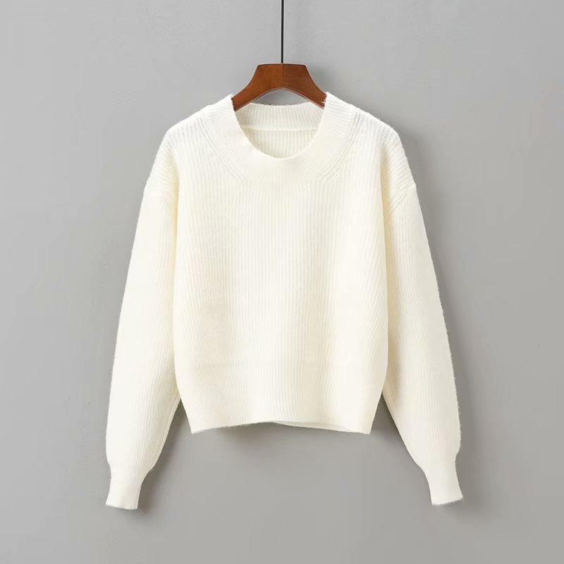 Title 1, Pure Color Small Round Neck Loose Pullover Sweater