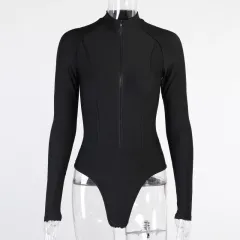 Women's Solid Colour Long Sleeve Breast Showing Bodysuit - Black - View 1