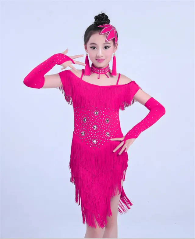 Childrens Girls Dynamic Tassel Hem Latin Dance Rose Red - Shop at LoveMi
