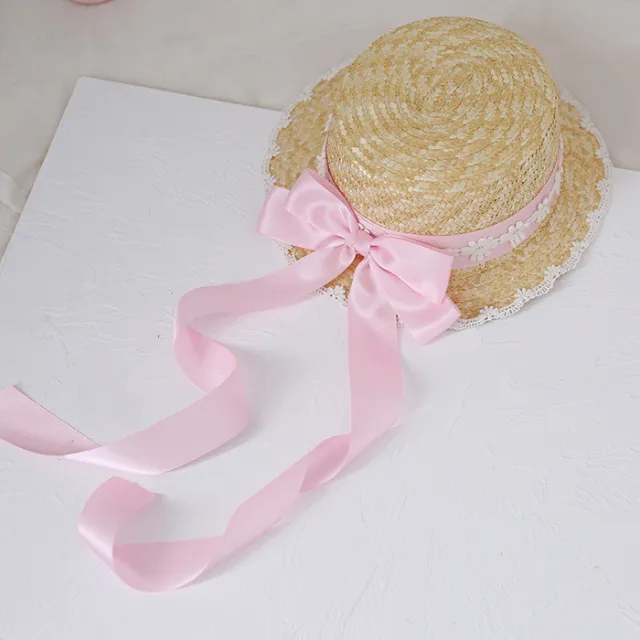 Multicolor Mori Series Big Bow Straw Hat LO Niang Pastoral Style Lolita Handmade Bow Lace Ribbon Ribbon Hat Pink - Shop at LoveMi