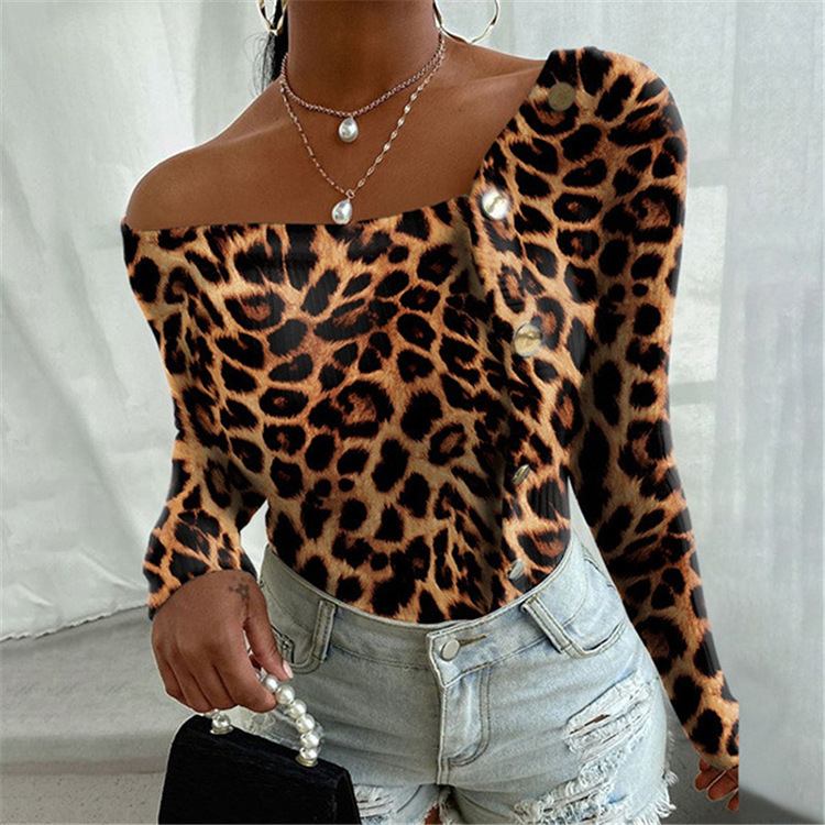 Title 3, Fashion Leopard Print Off Shoulder Long Sleeve Top