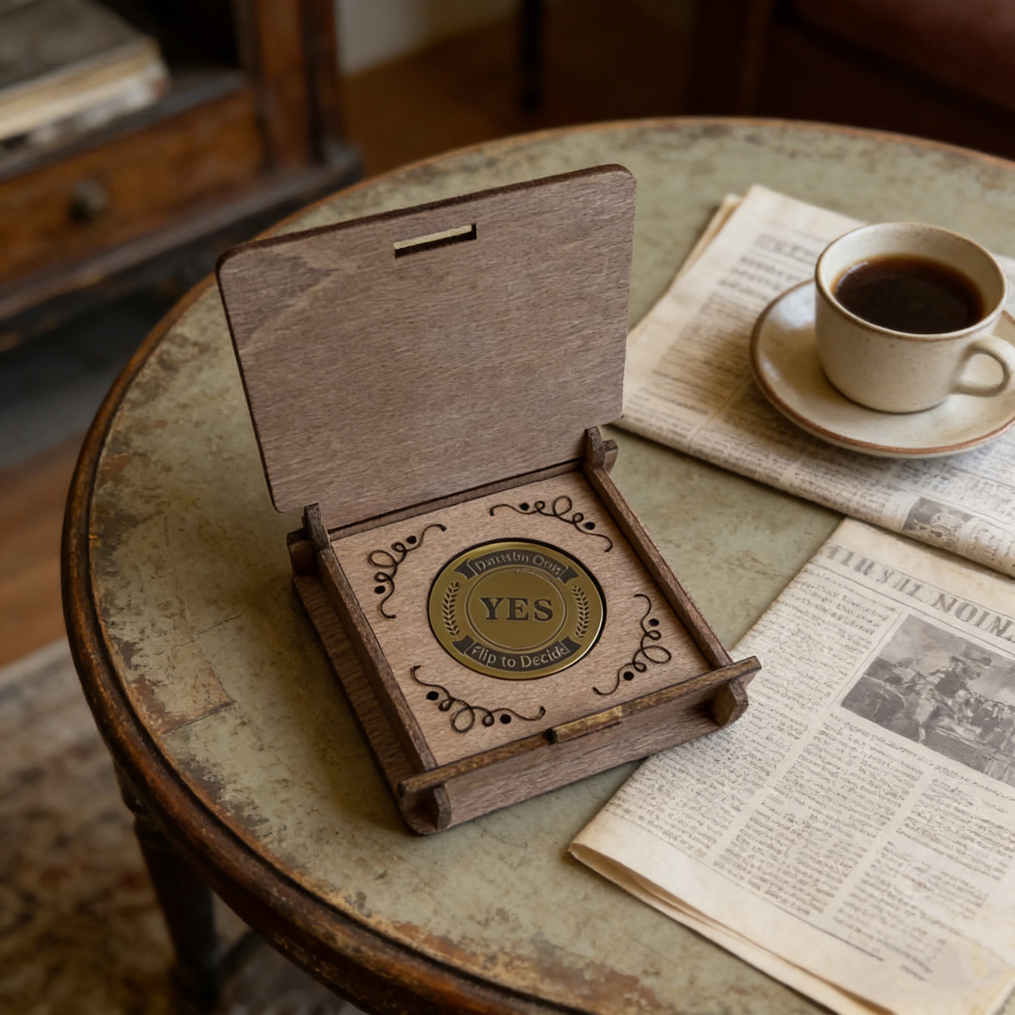 Creative Gift Decision Coin, Retro Square Wooden Decision Maker, Custom Solid Wood Gift Box, Desktop Ornament view 2