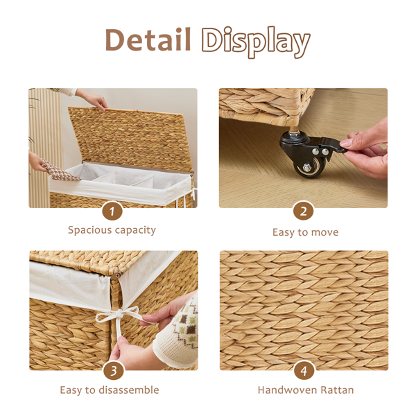 160L 3-Section Laundry Hamper With Lid And Wheels, Woven Natural Water Hyacinth Rolling Laundry Hamper — foto 8