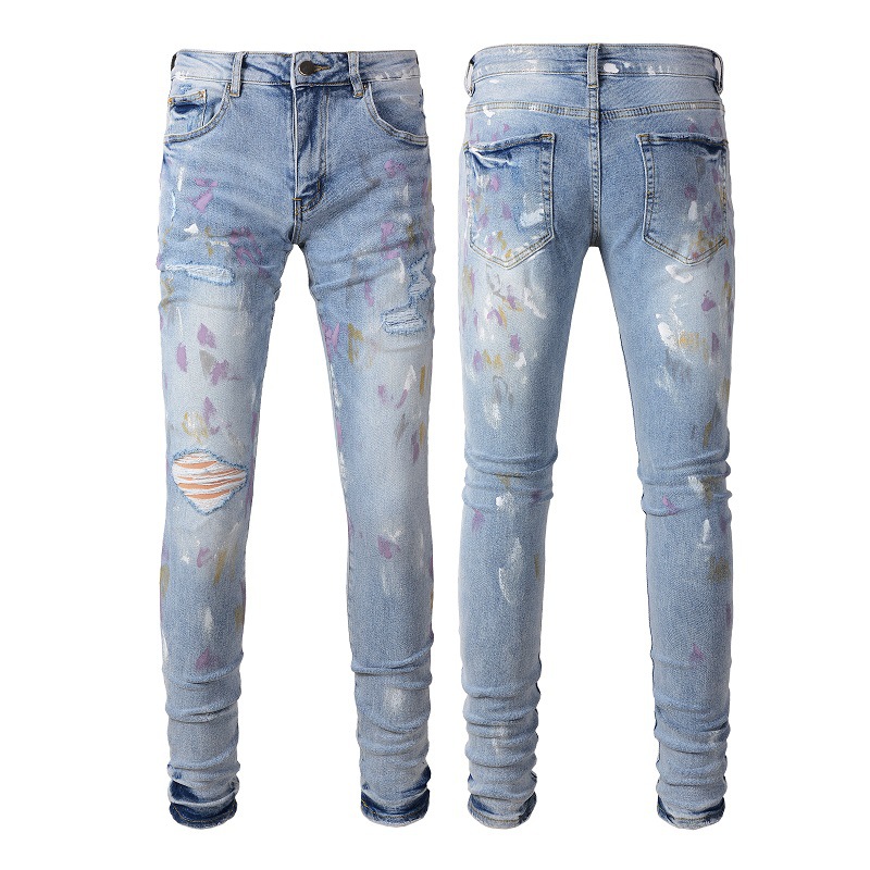 Pleated Colorful Splash-ink Paint Jeans