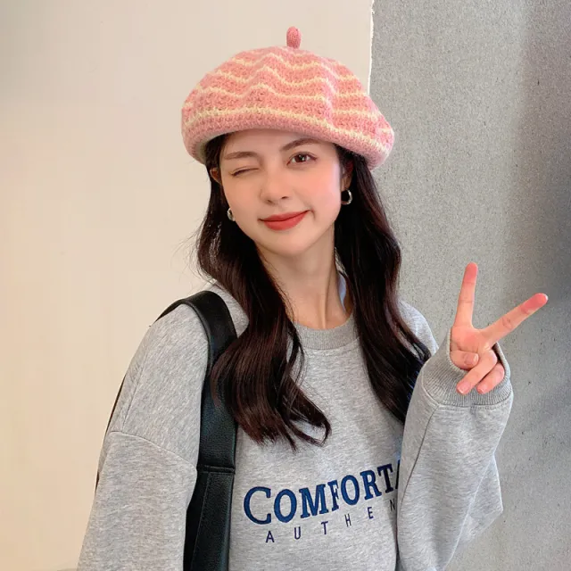 New Women's All match Knitted Wool Striped Beret To Keep Warm Pink - Shop at LoveMi