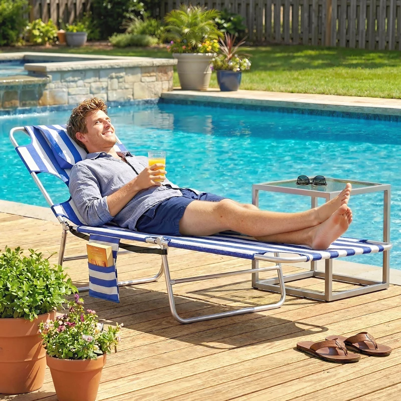 Anning Chair With Face Hole, 5-Level Adjustable Outdoor Chaise Lounge Chair With Pillow For Beach, Pool, Blue Stripes