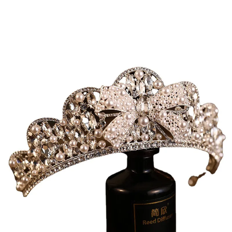 Rhinestone Crown Alloy Pearl Bow Wedding Plate Crown Hair Hoop - Silver