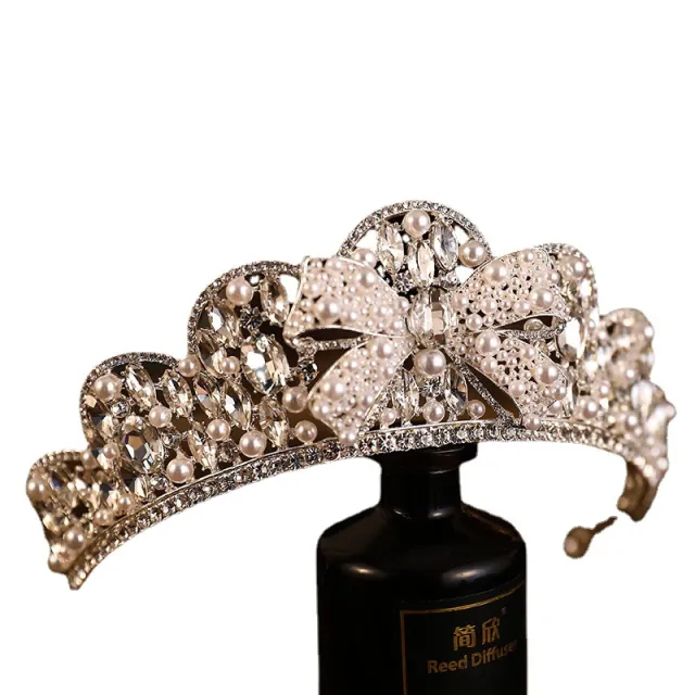 Rhinestone Crown Alloy Pearl Bow Wedding Plate Crown Hair Hoop Silver - Shop at LoveMi