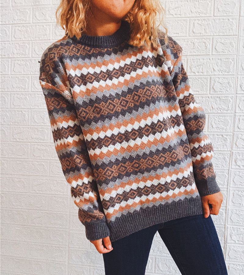 Retro Pattern Round Neck Long Sleeve Knitted Pullover Sweater Grey - Shop at LoveMi