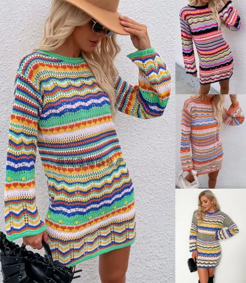 Women's Knitted Sweater Rainbow Stripe Pullover Mid Length