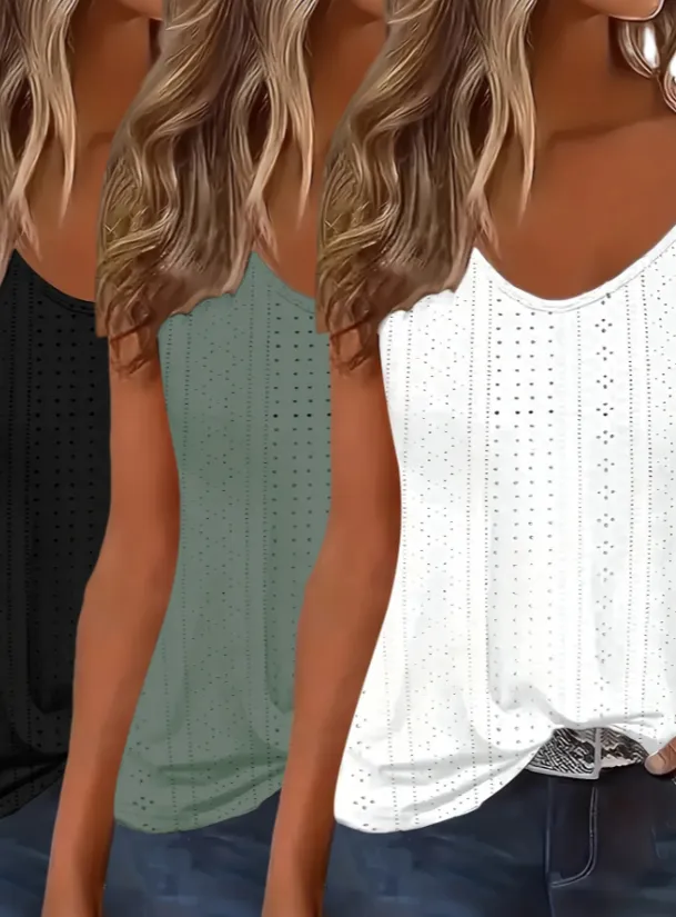Eyelet Solid Tank Top, Casual Sleeveless Tank Top For Summer, Women's Clothing Set5 - Shop at LoveMi