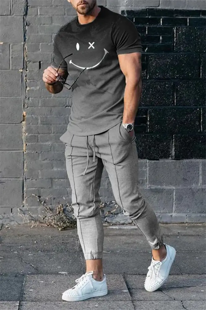 Two Piece Men's 3D Printed Classic Casual Sports Suit Trend Elastic Thin Quick Drying