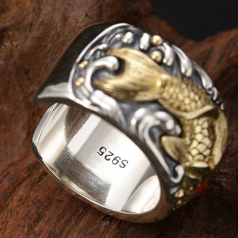 Sterling Silver Jewelry Men's Personality Koi Wide Ring