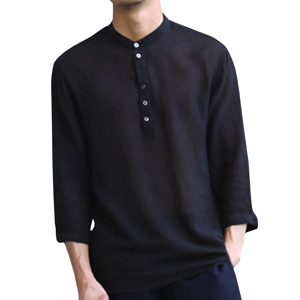 Solid Color Half Sleeve V Neck Buckle Trend Men's Cotton Linen Shirt