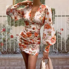Printed Deep V Lantern Sleeves Pleated Temperament Commuter A-line Dress Women - Chrysanthemum Color - View 1