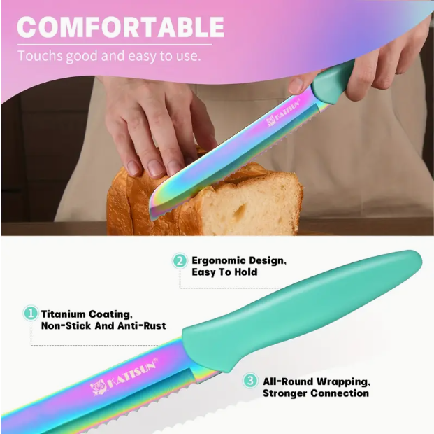 14-Piece Rainbow Colored High Carbon Stainless Steel Kitchen Knife Set, Titanium Coated Blade, Rust-Free & Super Sharp, Flatware Set With Wooden Stand & Kitchen Scissors, For Family & Restaurateurs 5