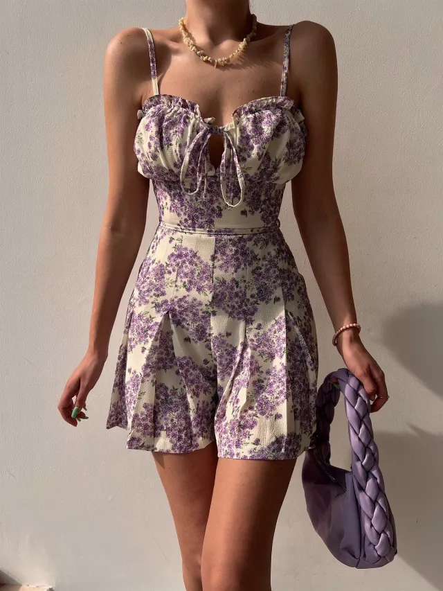 Floral Pleated Rope Drawstring Waist Romper Purple - Shop at LoveMi