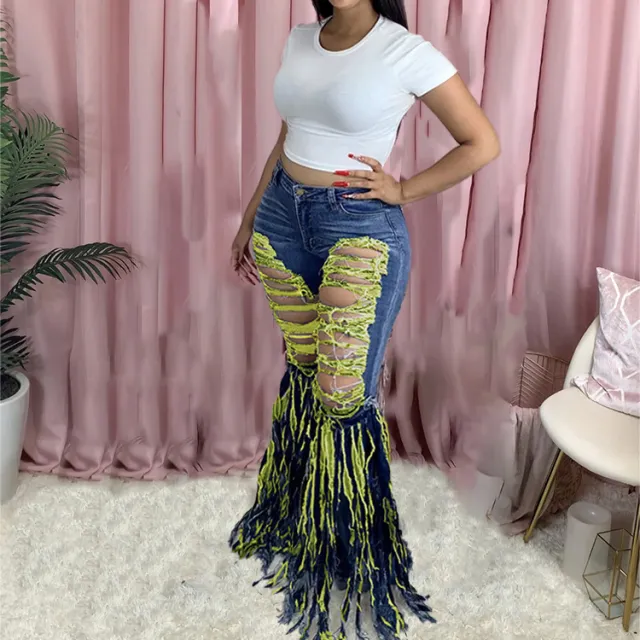 European And American Tassel Brushed Denim Trousers For Women's Casual Flared Trousers Yellow - Shop at LoveMi