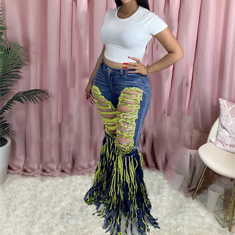 European And American Tassel Brushed Denim Trousers For Women's Casual Flared Trousers - Yellow