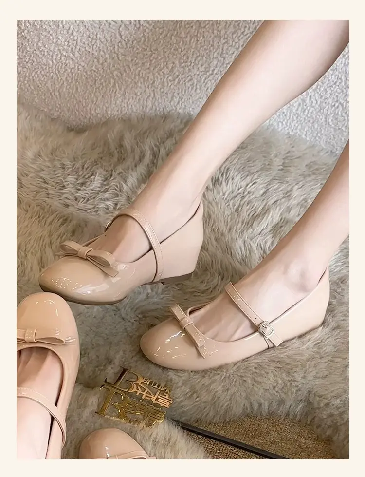 Women Nude Sweet Height-Boost 4cm Mary Jane Pumps, French Retro Round Toe Low-Cut Single Strap Shoes With Bow, Youthful Style